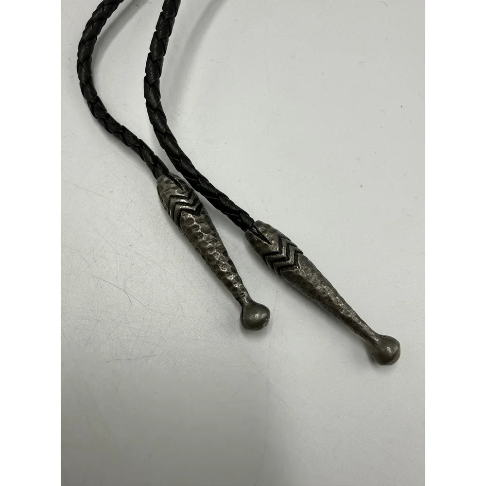 Vintage AHD Geometric Abstract Bolo Tie Black Braided Cord Pewter Tone Western